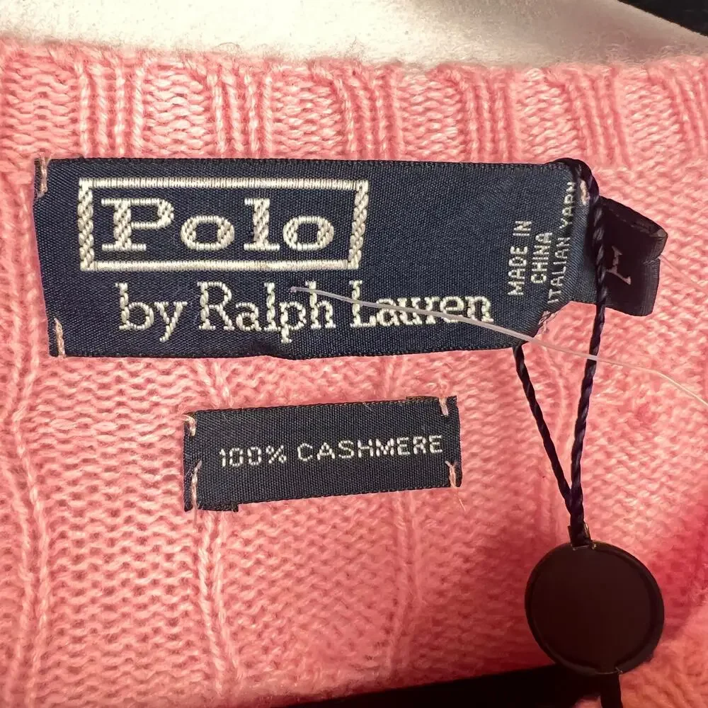 Vintage Polo Ralph Lauren NWT Pink Cashmere Cable Knit Crewneck Sweater L FLAW